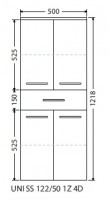 INTEDOOR UNI koupelnová skříňka střední závěsná hl. 35 cm 1 zásuvka 4 dvířka UNI SS 122/50 1Z 4D