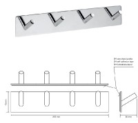 BEMETA EASY Věšák se 4 háčky, 255x45x38 mm, nerez, barva stříbrná, lesk 163106291