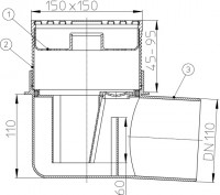 Podlahová vpust (sklepní)  HL72N  s nerezovou vtokovou mřížkou 138x138 mm